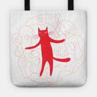 Red cat scratching some love hearts Tote