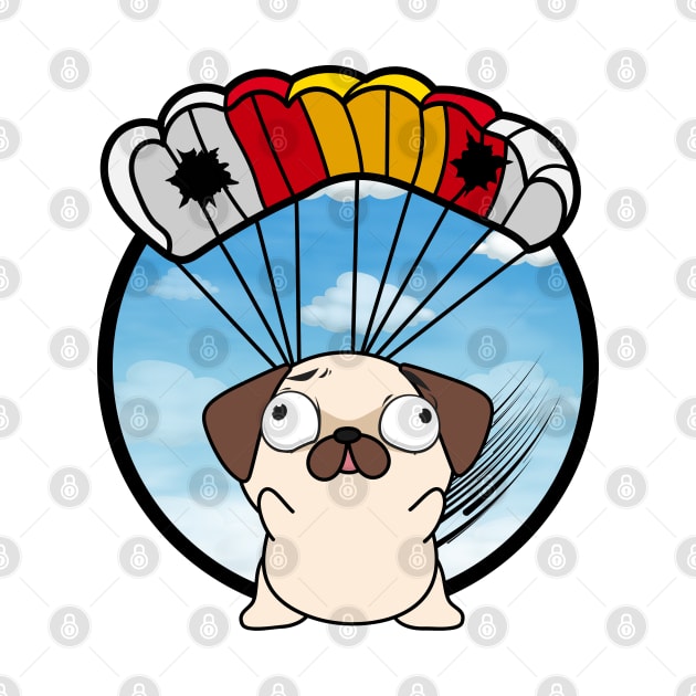 Silly pug dog has a broken parachute by Pet Station