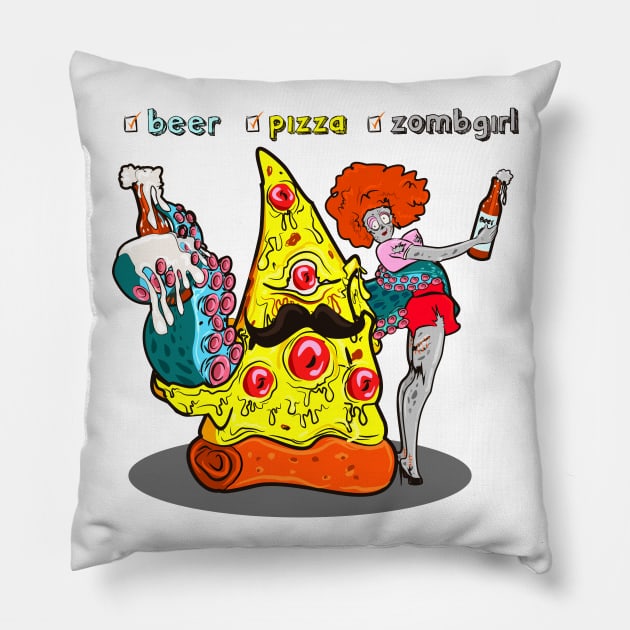 Beer, Pizza and Zombgirl Pillow by Zombwhere Team