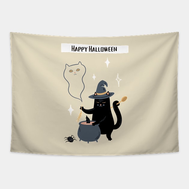 Happy Halloween Witch Cat Tapestry by EdSan Designs