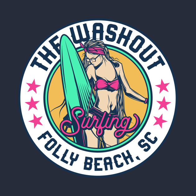 Retro Surfer Babe Badge The Washout Folly Beach South Carolina by Now Boarding