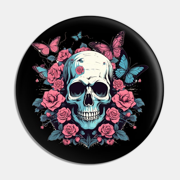 Skull with Flower Roses and Butterflies Pin by TOKEBI