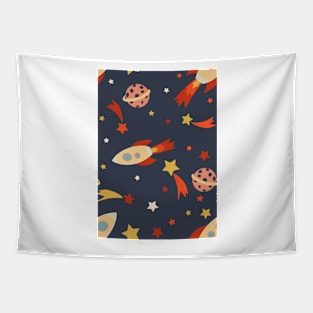 Retro Rocketship Racers repeat pattern on dark blue background Tapestry