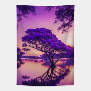 Serene Jacaranda Tree Lake Sunset Reflections Tapestry