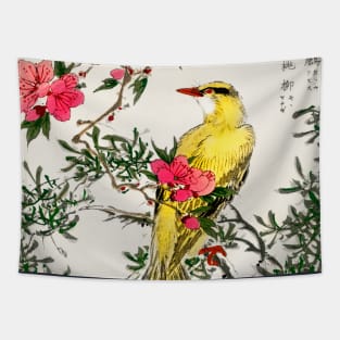 Chinese Bush-warbler and Drooping Peach old Japanese woodblock print Tapestry