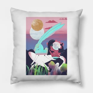 White rabbit meditates in the evening Pillow