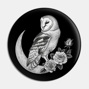 Barn Owl Sitting on a Moon & Roses, Gothic Pin