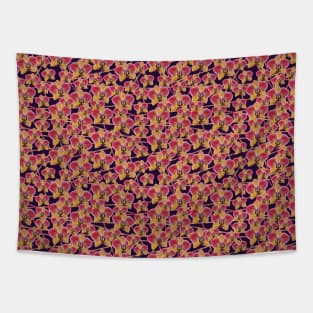 Pink and Yellow Orchid Pattern on Dark Purple Background with Lines Tapestry