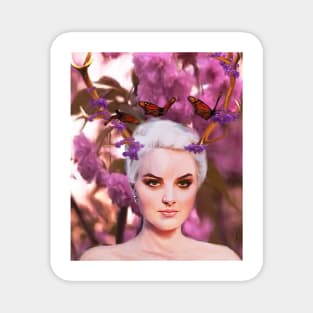 beautiful woman creature of the forest with antlers, flowers and butterflies Magnet