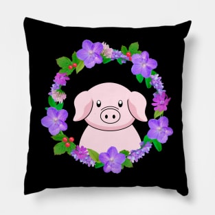 Cute Pig With Flower Wreath Pillow