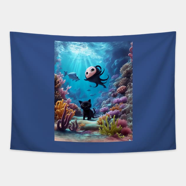 Black Kitten in Underwater Fantasy World Tapestry by BrisaArtPrints