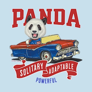 Funny and Cute Panda driving a vintage classic car to a parade with red white and blue flags T-Shirt