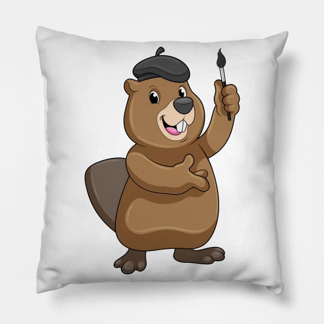 Beaver as Painter with Paint brush Pillow by Markus Schnabel