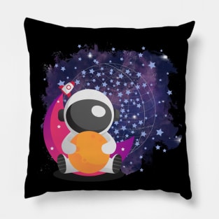 Cute Astronaut on a Pink Moon Space Travel Rocket Stars Pillow