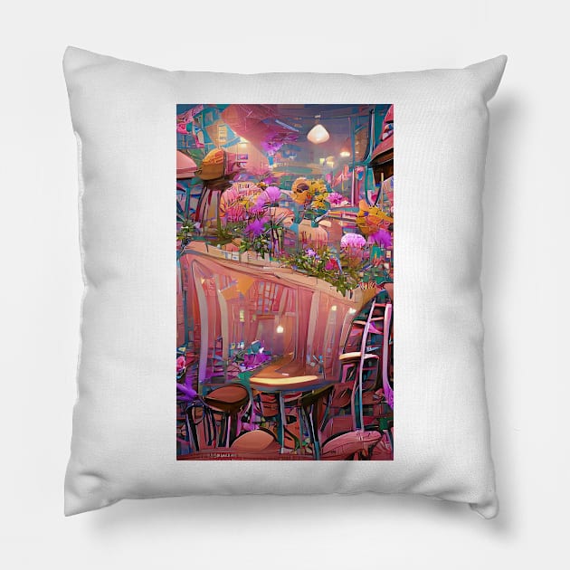 Psychedelic pink floral coffee shop| psychedelic floral coffee Pillow by PsychicLove