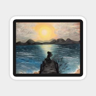 Ocean Sunset Painting Original Art Girl on Dock Nature Beach Gifts Magnet