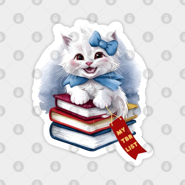 My TBR List Funny Sky Blue Book Stack Cute Coquette Kitten wearing Blue Bow and Ribbon with Red Bookmark for Book Lovers, Book Readers and White Cat Lovers Magnet by Motistry