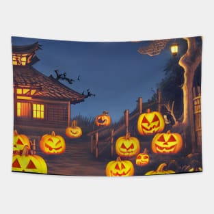 Scary Pumpkin Patch Pumpkin Faces Smiling in Town of Halloween Season Tapestry