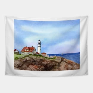 Portland Head Lighthhouse Fine Art Watercolor Painting Tapestry