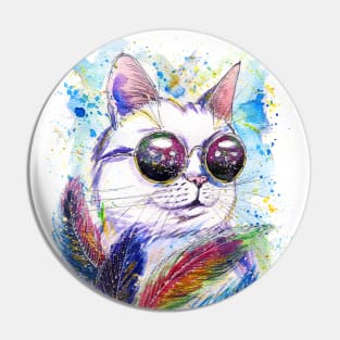 Cat in space glasses with feathers Pin