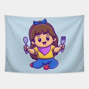 Cute Girl Holding Spoon And Fork Cartoon Tapestry