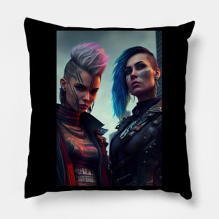 Futuristic Punk Women Portrait with Bright Coloured Hair Pillow