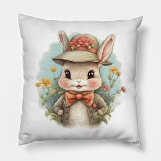 cute little rabbit wearing a hat and a bow tie Pillow