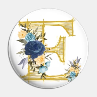 Monogram Letter E In Metallic Gold With Aesthetic Blue Flowers Botany Pin