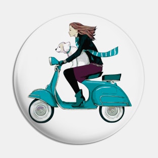 Fun Girl and Dog on Blue Scooter Pin