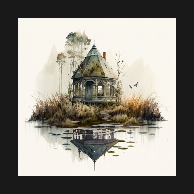 Swamp Lands Cabin Watercolor by Abili-Tees