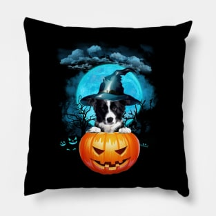 Border Collie Witch Hat Pumpkin And Blue Moon Halloween Pillow