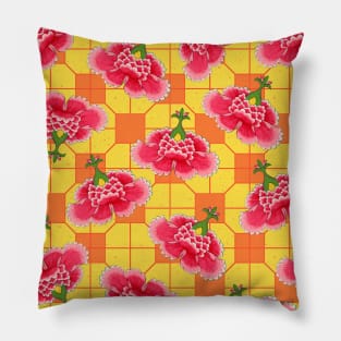 Chinese Vintage Pink and Red Flowers with Yellow and Orange Tile - Hong Kong Traditional Floral Pattern Pillow