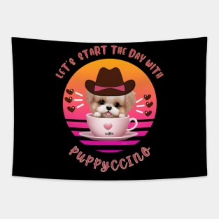 Let's start the day with Puppyccino, cute kawaii western poodle puppy in a coffee cup , pun art Tapestry