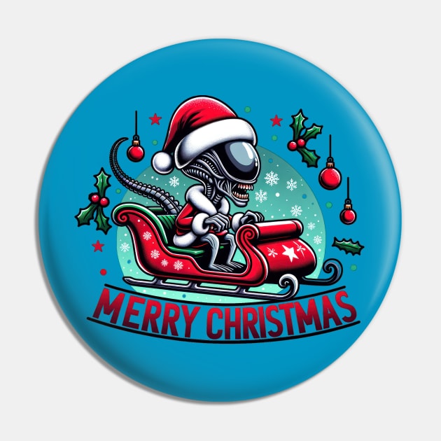 Christmas Alien Riding a Sleigh Pin by TooplesArt