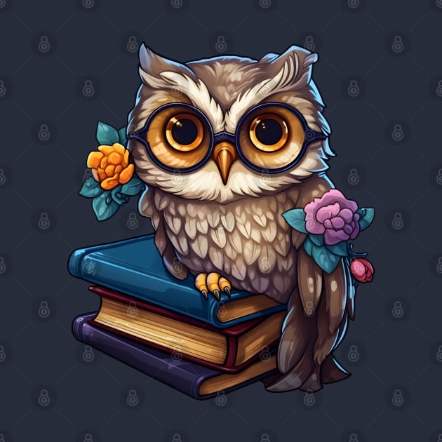 Owl with books studying floral by beangeerie