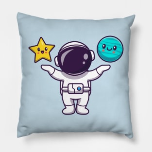 Cute Astronaut With Cute Star And Cute Planet Cartoon Pillow