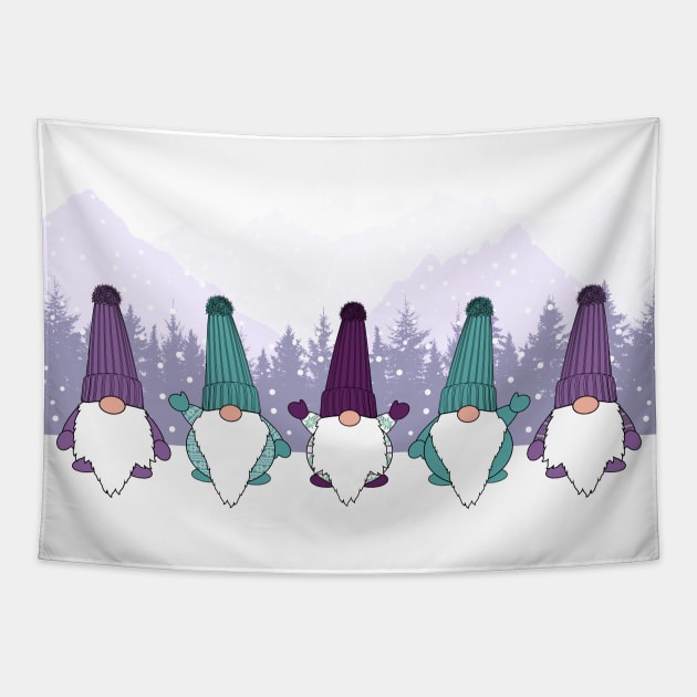 Fun Holiday Gonks Christmas Gnomes in Purple and Teal Tapestry by Krimbles