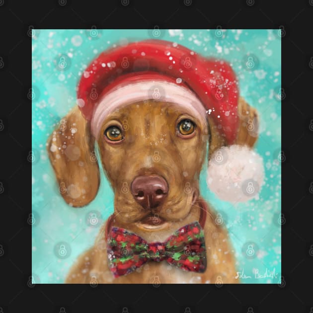 Painting of a Cute Christmas Vizsla Puppy with Red Santa Hat and a Festive Bow Tie by ibadishi