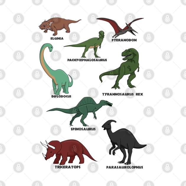 Dinosaur sheet with multiple cartoon drawings and labels by Kyttsy Krafts