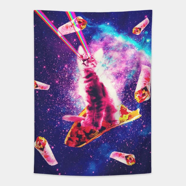 Outer Space Taco Cat - Rainbow Laser Eyes, Burrito Tapestry by Random Galaxy