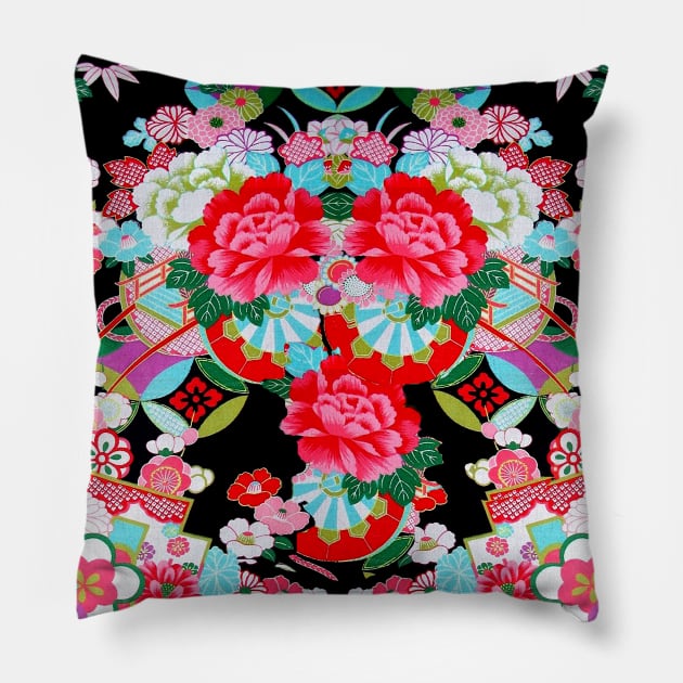 ANTIQUE JAPANESE FLOWERS Pink Blue Black Kimono Style Floral Pillow by BulganLumini