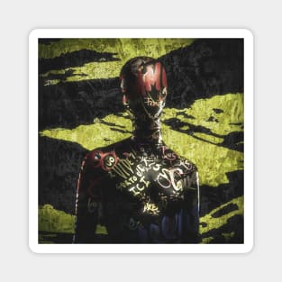 The Dummy // Mannequin covered with graffiti tags. Black and yellow camouflage background Magnet