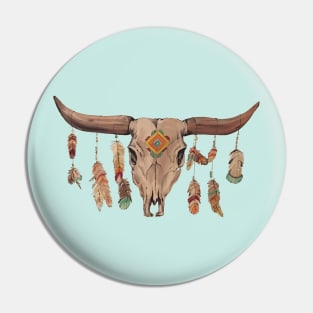 Cattle Skull With Feathers And Beads Pin