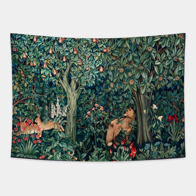 GREENERY, FOREST ANIMALS Fox and Hares Blue Green Floral Tapestry Tapestry by BulganLumini