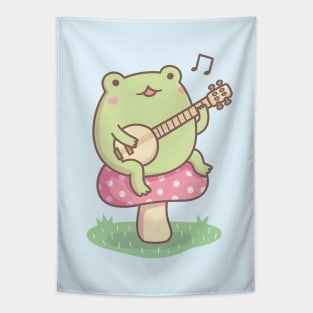 Cute Frog Playing Banjo On Toadstool Tapestry