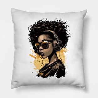 African American girl wearing sunglasses and headphones,hip-hop style Pillow