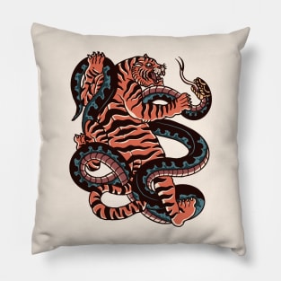 Vintage Tiger & Snake Battle Tattoo Design Pillow