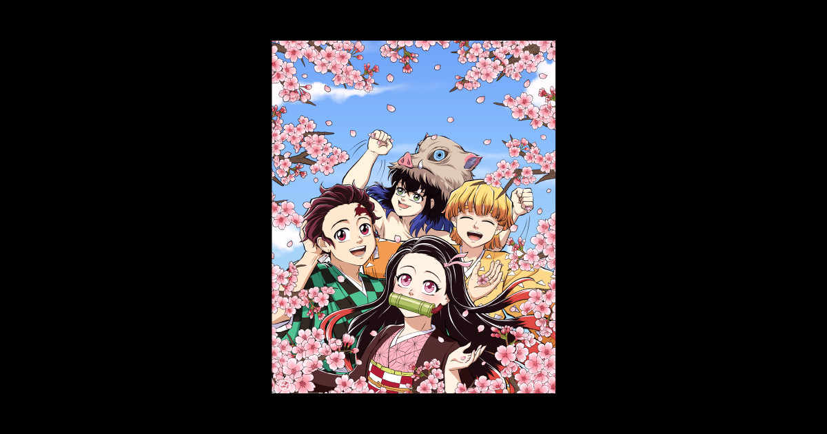 Nezuko Tanjiro Zenitsu And Inosuke Under Cherry Blossom Trees