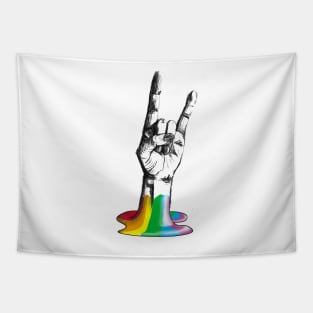 Hand making metal rock gesture coming out of rainbow Tapestry