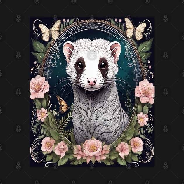 Ferret In Cottage Core and Filigree Style Art by BirdsnStuff